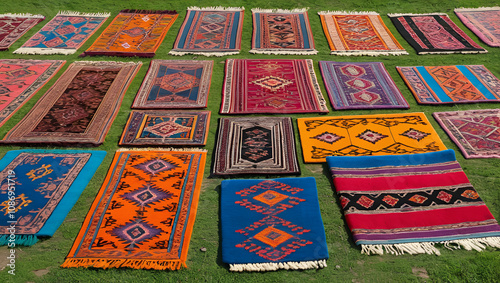 Colorful rugs in the Rhodope village of Shiroka Luka, Bulgaria photo