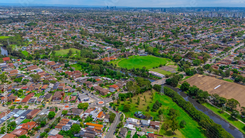 Panoramic aerial drone view of western Sydney Suburbs of Canterbury Burwood Ashfield Marrickville Campsie with Houses roads and parks in Sydney New South Wales NSW Australia photo