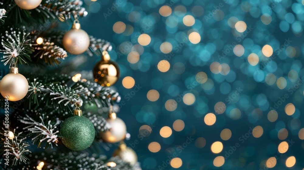 Festive Christmas tree with ornaments and bokeh lights. Festive Christmas tree with ornaments and bokeh lights.