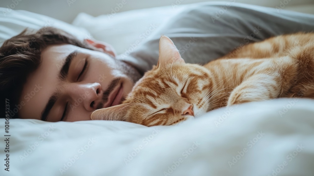 Man and cat sleep peacefully. This photo depicts a man and his pet cat peacefully sleeping together in bed, showcasing a strong bond and the calming presence of animals. Man and cat sleep peacefully. This photo depicts a man and his pet cat peacefully sleeping together in bed, showcasing a strong bond and the calming presence of animals.
