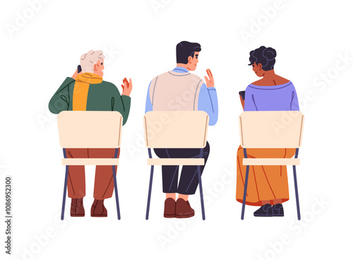 Diverse spectators on seats listen to conference back view. People sit on chairs, talk by phone during seminar. Audience communicates while performance. Flat isolated vector illustration on white
