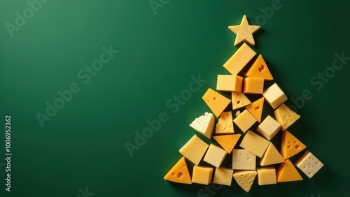 Assorted cheese slices arranged in Christmas tree shape on green background with copy space. Christmas concept for dairy and cheese business, for greeting card, invitation, postcard, banner, poster