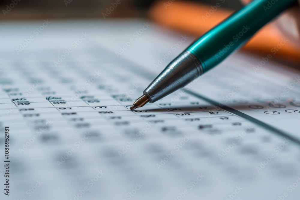 Selective focus pen writing on a piece of paper, filling out a questionnaire or tests Selective focus pen writing on a piece of paper, filling out a questionnaire or tests