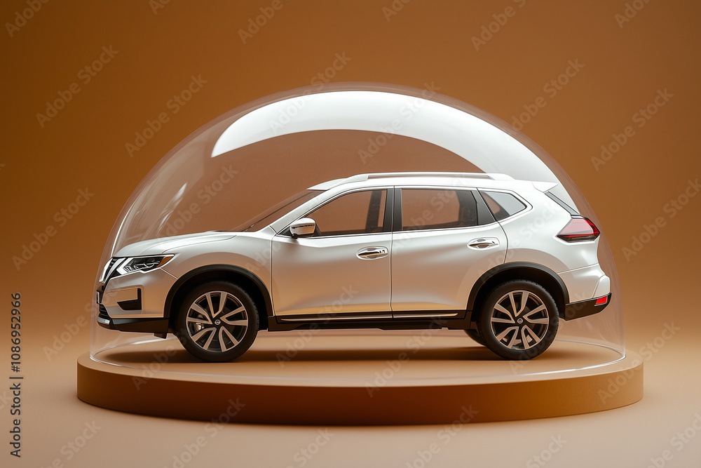 Obraz premium White car protected under a glass dome bubble. Car insurance concept auto business 