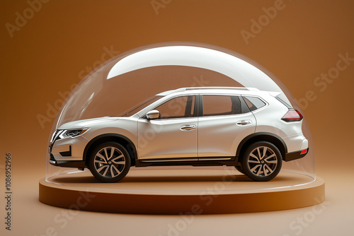 White car protected under a glass dome bubble. Car insurance concept auto business 