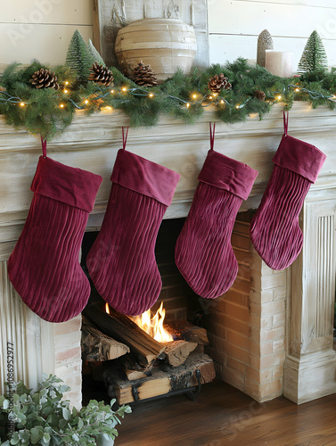 Four red stockings hanging on a fireplace mantel. photo