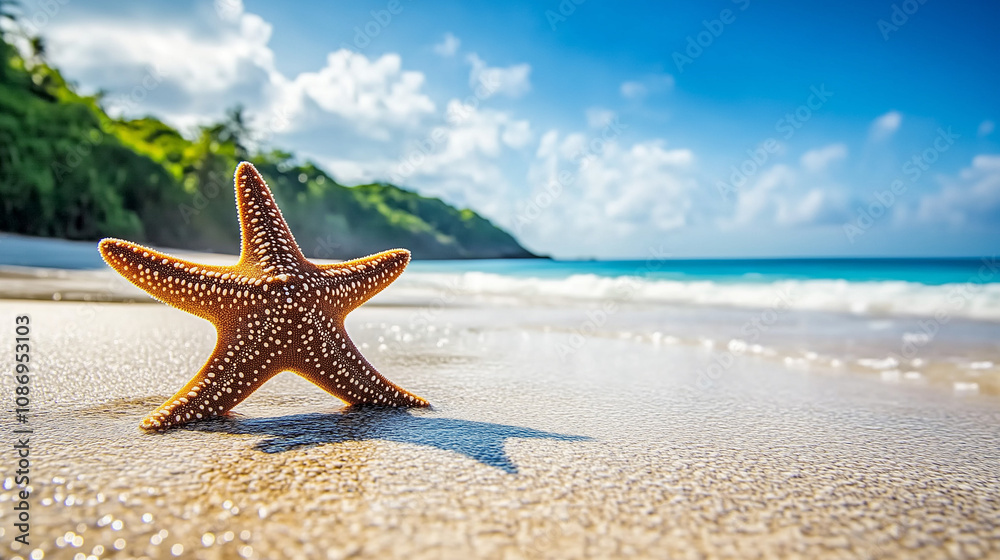 Urokliwa scena z rozgwiazdą na piaszczystej plaży, gdzie błękitne wody oceanu harmonijnie współgrają z tropikalnym klimatem. Urokliwa scena z rozgwiazdą na piaszczystej plaży, gdzie błękitne wody oceanu harmonijnie współgrają z tropikalnym klimatem.