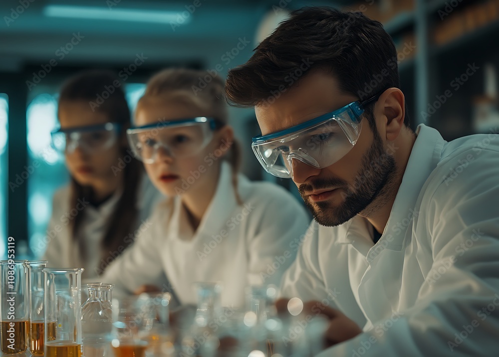 children in white shirts and safety goggles doing science experiments with their teacher at school children in white shirts and safety goggles doing science experiments with their teacher at school
