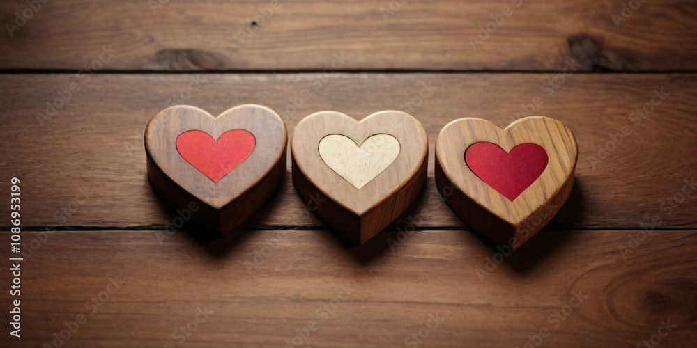 three wooden hearts on a table three wooden hearts on a table