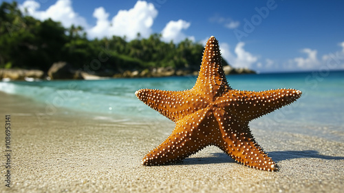 Urokliwa scena z rozgwiazdą na piaszczystej plaży, gdzie błękitne wody oceanu harmonijnie współgrają z tropikalnym klimatem.