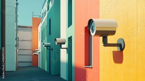 A vibrant alleyway featuring colorful buildings with modern security cameras mounted on the walls, blending surveillance and aesthetics.