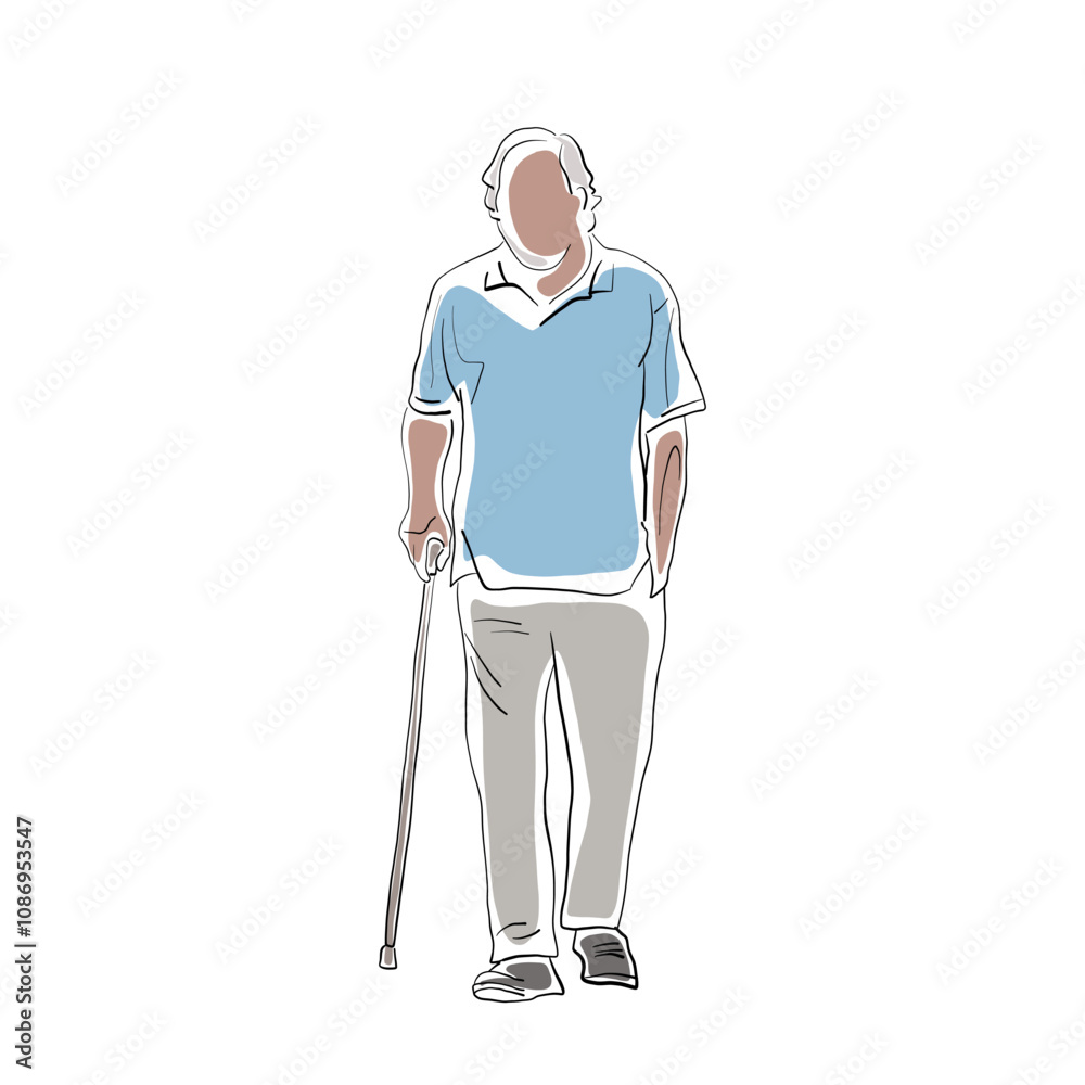 Senior, old man walks and leans on his cane. Retirement, pension. Abstract isolated vector drawing illustration Senior, old man walks and leans on his cane. Retirement, pension. Abstract isolated vector drawing illustration