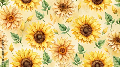 Fototapeta Naklejka Na Ścianę i Meble -  Vibrant Watercolor Sunflowers and Greenery Seamless Pattern for Textile Design