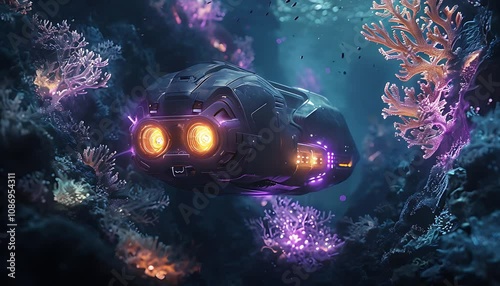 Futuristic submarine exploring vibrant underwater world, sleek design, glowing lights, colorful coral reefs, and teeming marine life
