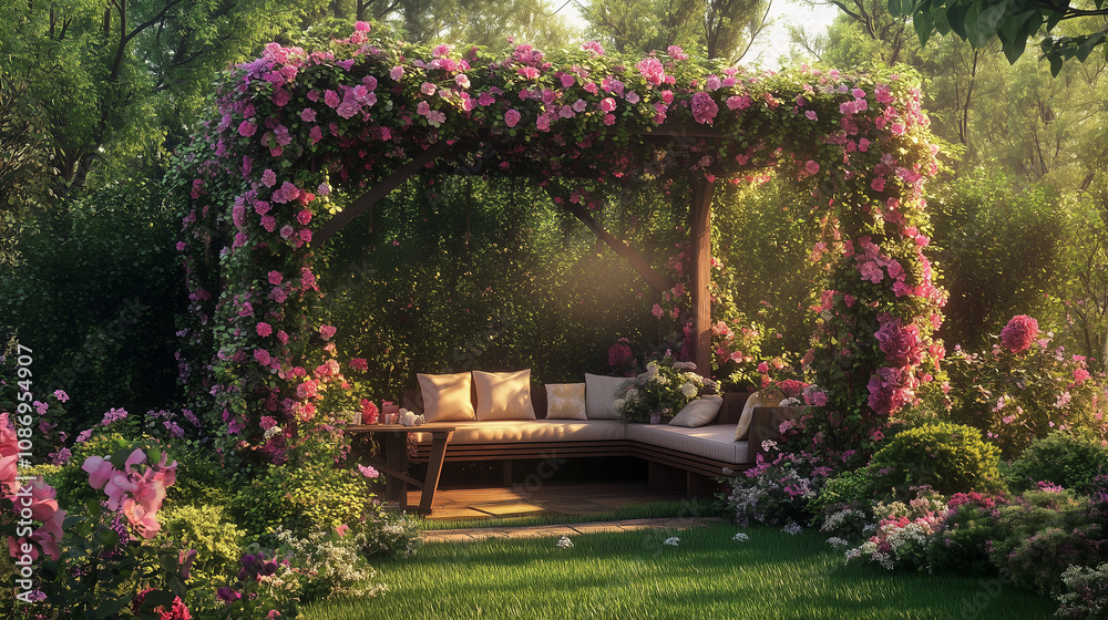 Obraz premium Altana w ogrodzie, udekorowana kwitnącymi pnączami, wkomponowana w bujną zieleń, tworzy magiczną przestrzeń do wypoczynku. 
