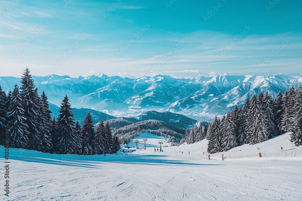 Fototapeta premium Breathtaking Winter Landscape: Snow-Covered Slopes and Majestic Mountains