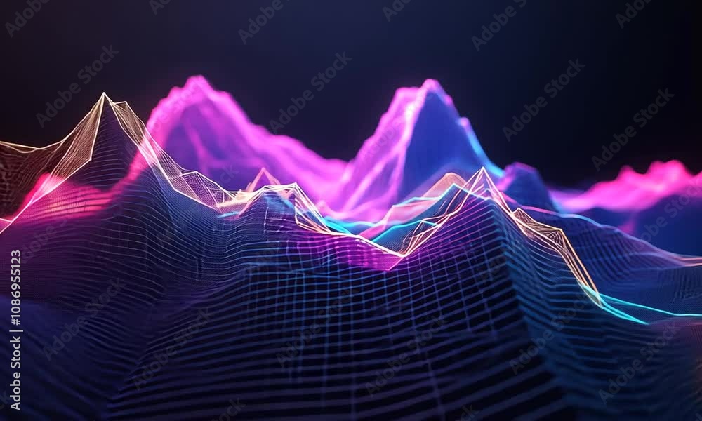 Neon-lit digital landscape of glowing wireframe mountains.