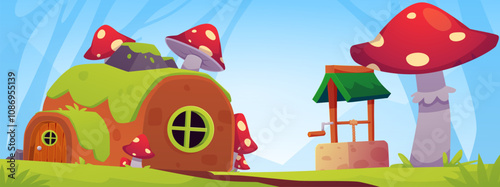 Cartoon game hut with fly agaric mushrooms and draw-well in fairy village, vector dwarf house rounded roof covered grass