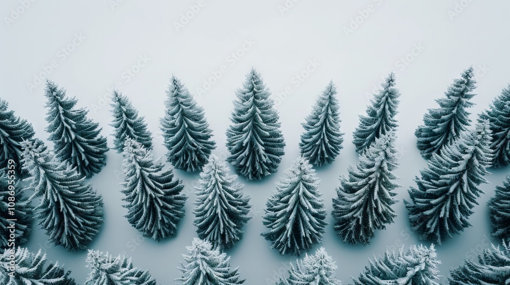 Obraz premium Frosted evergreen trees arranged in a serene pattern.