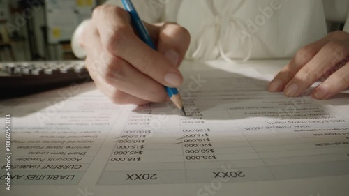 Macro close up of Unrecognizable businesswoman's hands with pen analyzing financial report and marketing data statistics documet in office. Accountant checking company balance sheet statement. photo