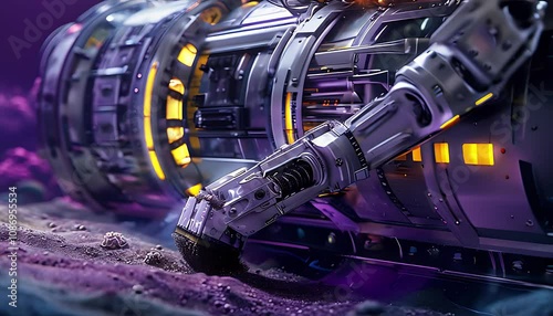 Futuristic robotic vehicle exploring alien landscape, sleek design, glowing lights, robotic arm, extraterrestrial terrain, and cosmic exploration