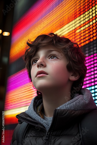 Young Boy, City Lights, Colorful LED Display A portrait of childhood curiosity and urban life.