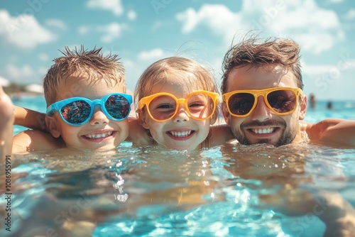 Joyful Family Enjoying a Fun-Filled Summer Vacation at the Beach with Children Swimming Under a Bright Sky