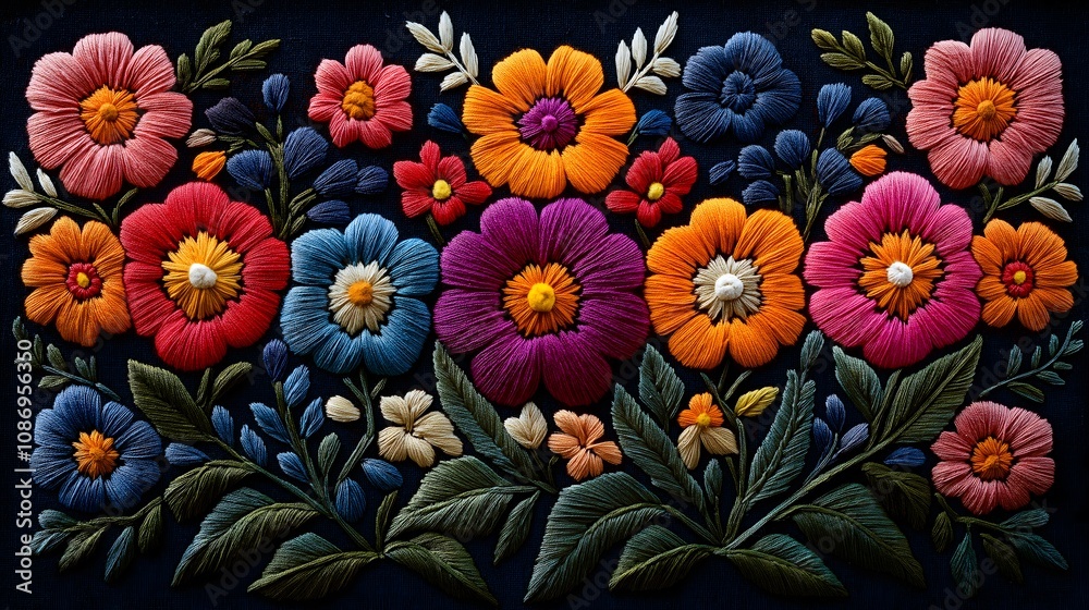 Fototapeta premium A vibrant embroidered floral arrangement bursts with color. The intricate needlework showcases a variety of flowers in rich hues against a dark background. A beautiful textile art piece.