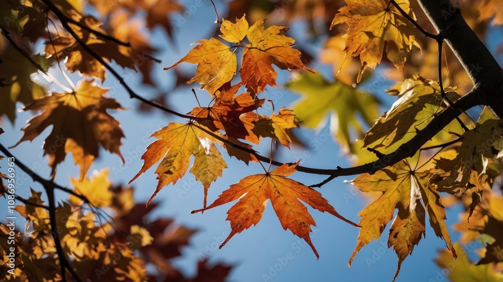 Autumn maple leaves dancing in sunlit breeze Autumn maple leaves dancing in sunlit breeze