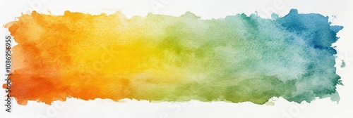 Vibrant Watercolor Sunset Sky. Abstract Blended Textures in Blue, Green, Yellow, and Orange Hues with Soft Blotches and Gradients