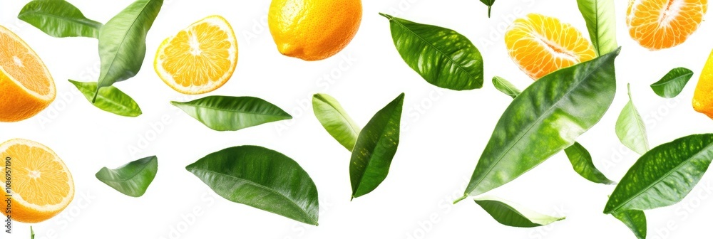 Falling Fresh Citrus Leaves Against a Crisp White Background – A Touch of Jungle Elegance Falling Fresh Citrus Leaves Against a Crisp White Background – A Touch of Jungle Elegance