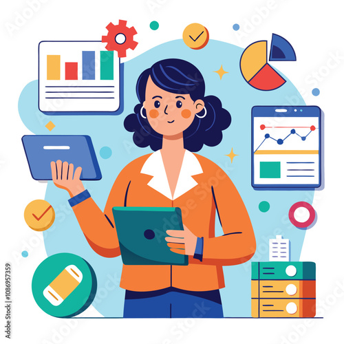 Young girl look at graphs and diagrams, charts. Data visualization and infographics. Cartoon flat vector illustration social media post