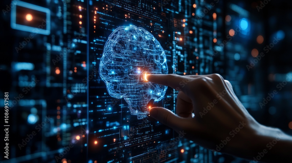 A hand points to a glowing digital brain, representing artificial intelligence, on a futuristic tech background. A hand points to a glowing digital brain, representing artificial intelligence, on a futuristic tech background.