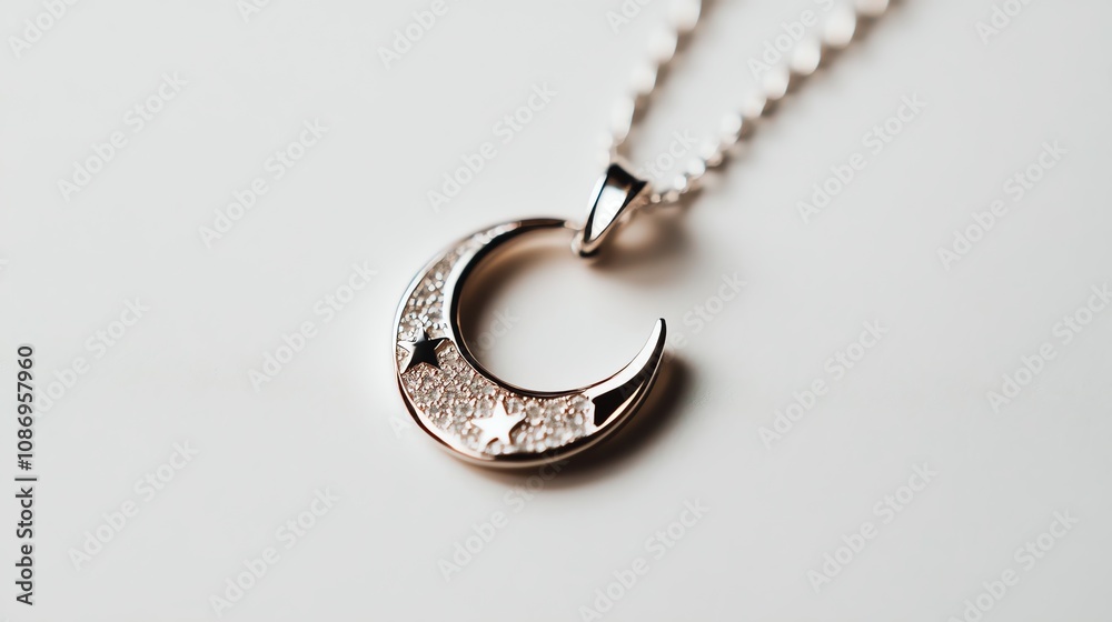 Elegant crescent moon pendant on a delicate chain, isolated on a white background. Elegant crescent moon pendant on a delicate chain, isolated on a white background.