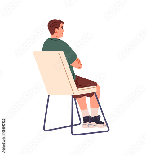 Student on seat listens to lecture, seminar back view. Attentive spectator sits on chair, watching public performance, concert. Boy is at class, workshop. Flat isolated vector illustration on white