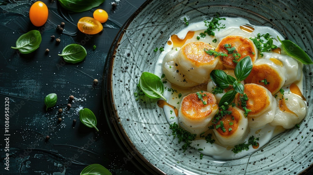 A plate of golden brown dumplings served with a dollop of sour cream and a drizzle of honey, garnished with fresh basil and chives.