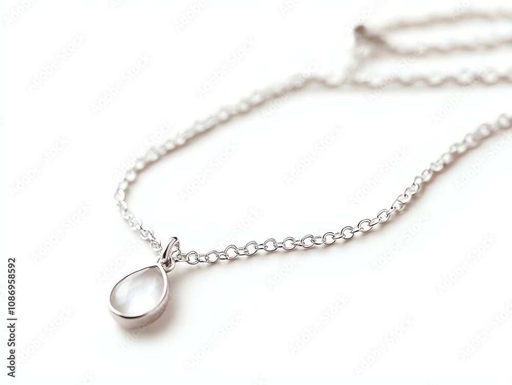 Elegant silver necklace with a teardrop pendant on a white isolated background. Elegant silver necklace with a teardrop pendant on a white isolated background.