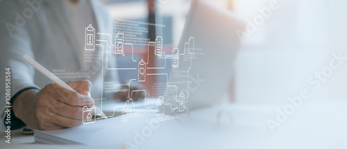 businessman on document planning the business plans and analyse  profitability of working companies with digital augmented virtual graphics for project manager working on laptop and update information