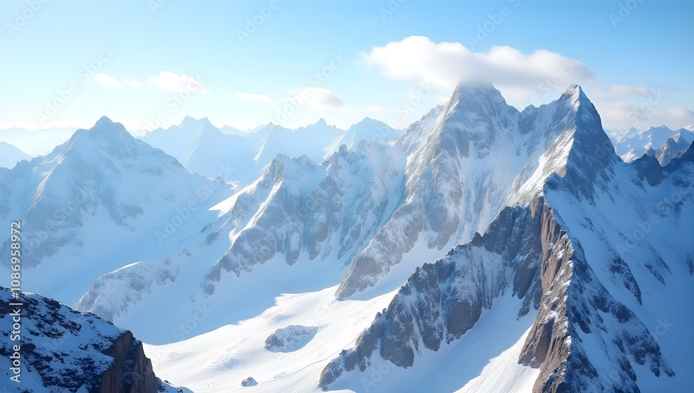 Serene Aerial of Snowy Peaks Touched by Sunlight