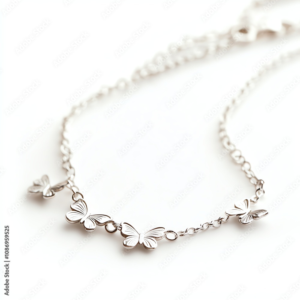 Silver butterfly bracelet adorned with delicate charms on a white background. Silver butterfly bracelet adorned with delicate charms on a white background.