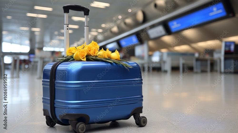 Journey of Hope: Ukrainian Refugees Escape via an Airport Terminal with a Blue and Yellow Suitcase Journey of Hope: Ukrainian Refugees Escape via an Airport Terminal with a Blue and Yellow Suitcase