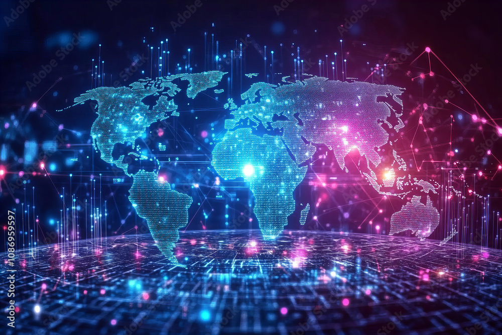 Neon digital world map with glowing global network connections, futuristic technology design, and vibrant data visualization elements Neon digital world map with glowing global network connections, futuristic technology design, and vibrant data visualization elements
