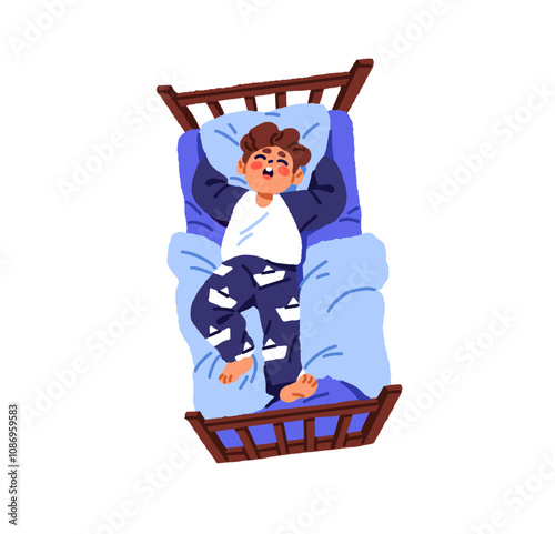 Cute little boy sleeps in bed top view. Asleep kid has a rest, dreams on pillow. Tired child in pajamas lying, relaxes, snoring at nap at night. Flat isolated vector illustration on white background