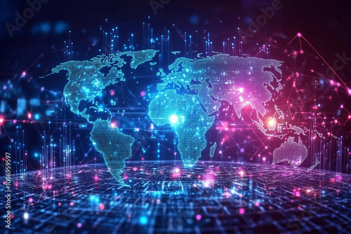 Neon digital world map with glowing global network connections, futuristic technology design, and vibrant data visualization elements