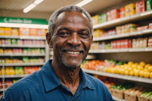Wallpaper Mural Close portrait of a smiling senior Saint Lucian male grocer standing and looking at the camera, Saint Lucian grocery store blurred background Torontodigital.ca