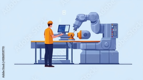 Caucasian Engineer Programming an Automated CNC Milling Device with a Tablet in a Modern Factory Setting