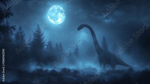 Fototapeta Naklejka Na Ścianę i Meble -  A lone Apatosaurus silhouetted against a mystical full moon in a misty forest at night.  This digital painting evokes a sense of mystery and wonder.