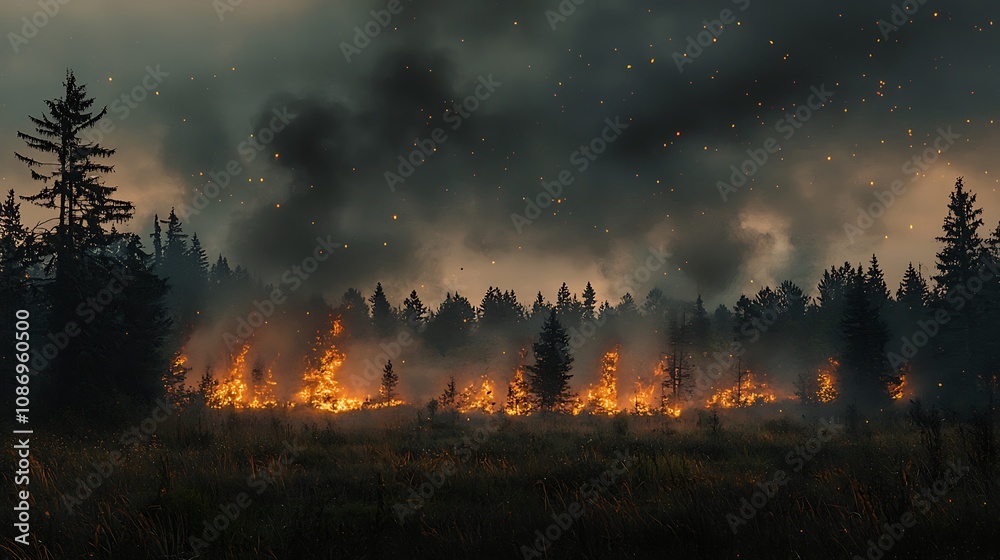 Fiery Forest Inferno Embers and Smoke Fill the Night Sky. A dramatic depiction of a wildfire consuming a pine forest at night, showcasing the intensity of the flames and the ominous smoke. Fiery Forest Inferno Embers and Smoke Fill the Night Sky. A dramatic depiction of a wildfire consuming a pine forest at night, showcasing the intensity of the flames and the ominous smoke.