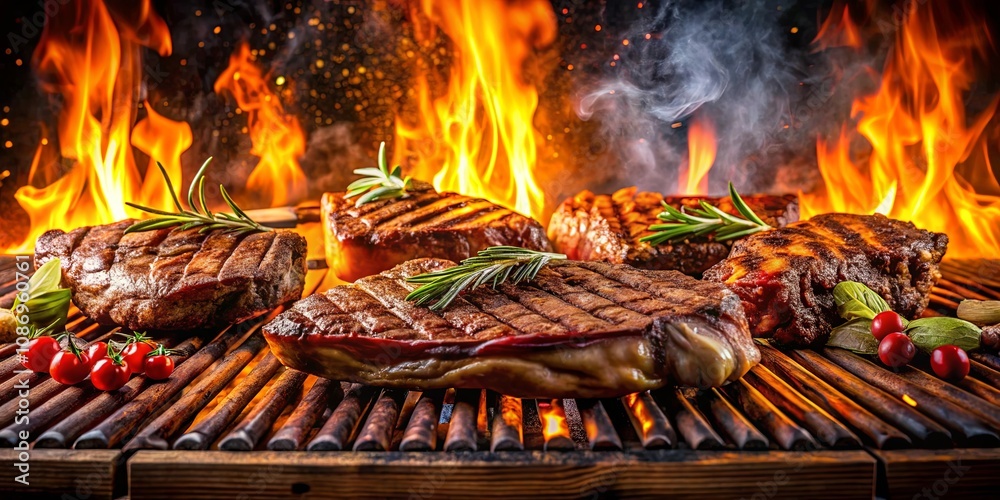 Grilled steaks sizzling over an open flame, enhanced with aromatic herbs Grilled steaks sizzling over an open flame, enhanced with aromatic herbs