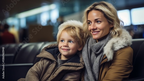 The Journey of Love: A Young Mother and Son Embrace Time at the Airport Lounge - AR 16:9